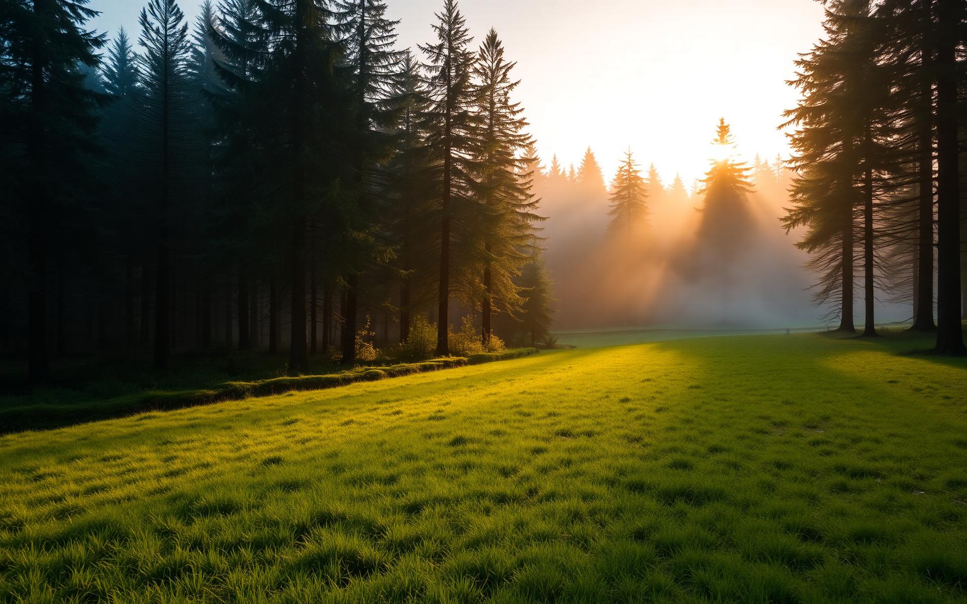 Waldrand mit gepflegter Wiese im warmen Morgenlicht in der Steiermark